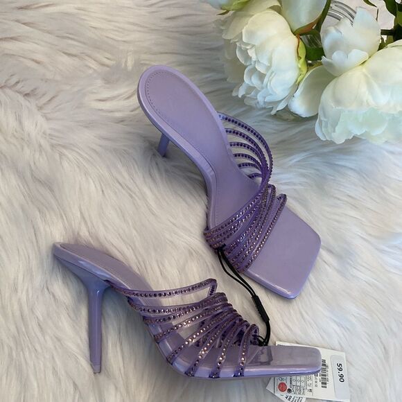Zara Vinyl Purple Mauve Rhinestone Squared Toe High Heels Sandals Shoes - Picture 10 of 12